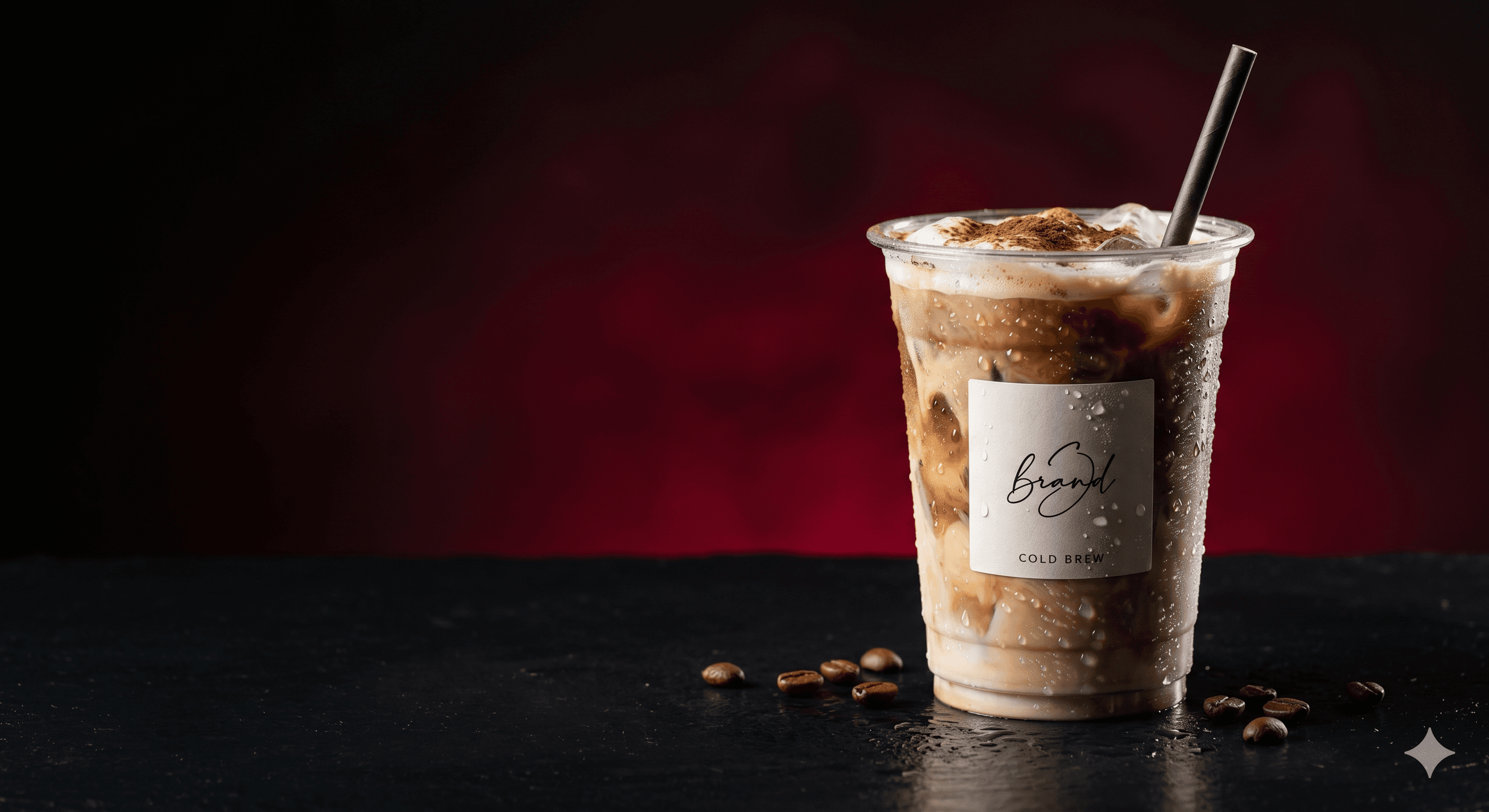 Premium iced coffee on a dark surface